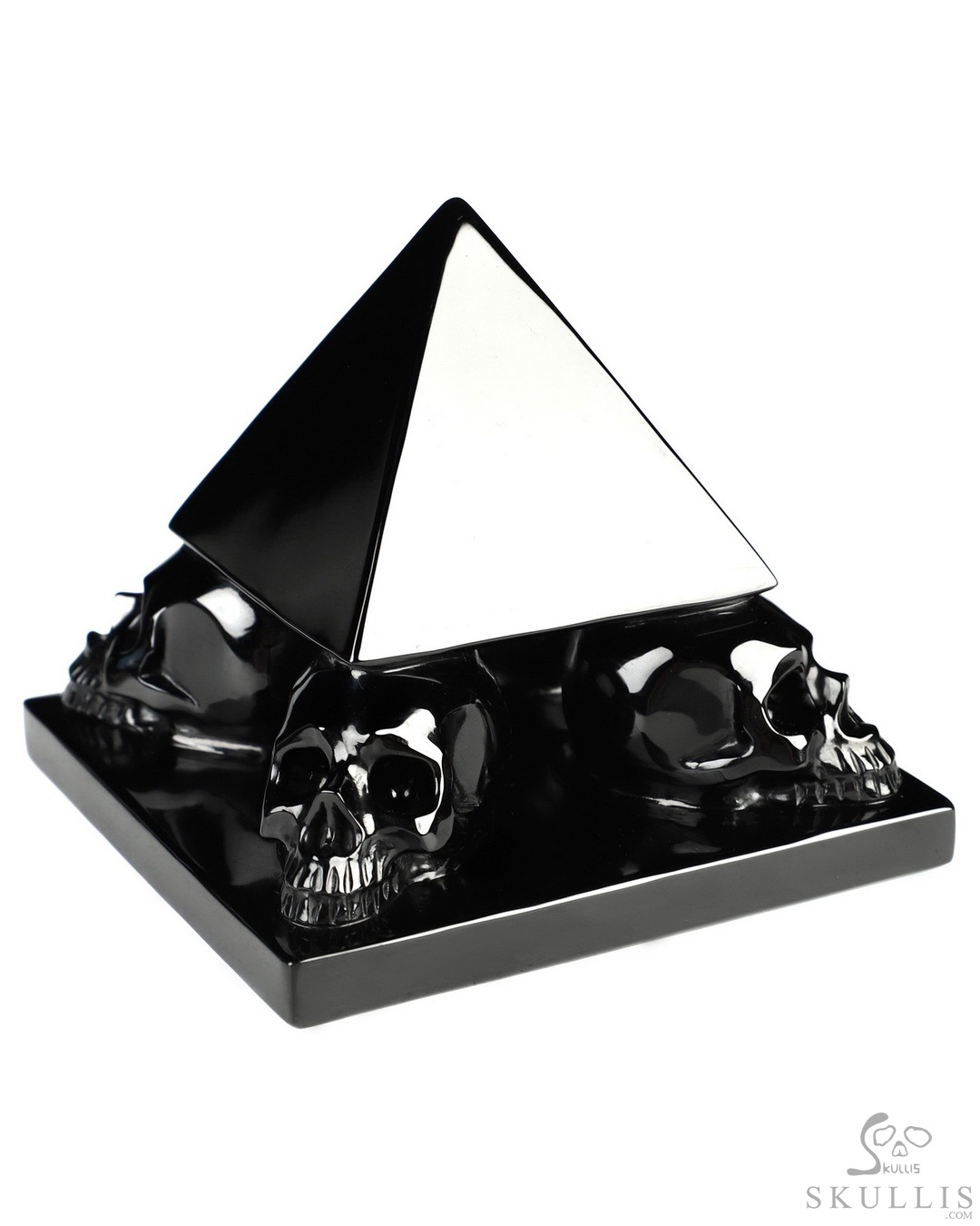 Black Obsidian Carved Crystal Skulls Pyramid Sculpture