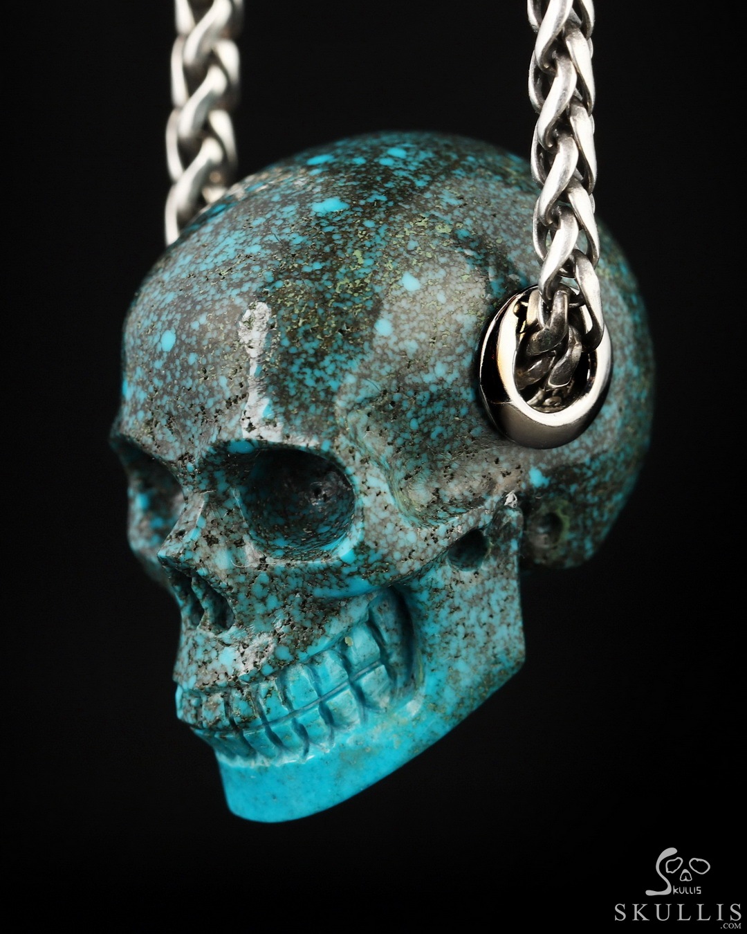 Gemstone Necklace of Turquoise Hand Carved Crystal Skull Pendant,  Skull Jewelry