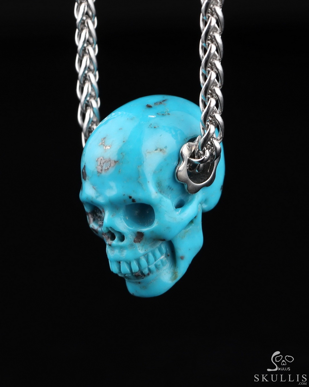 Gemstone Necklace of Turquoise Hand Carved Crystal Skull Pendant,  Skull Jewelry