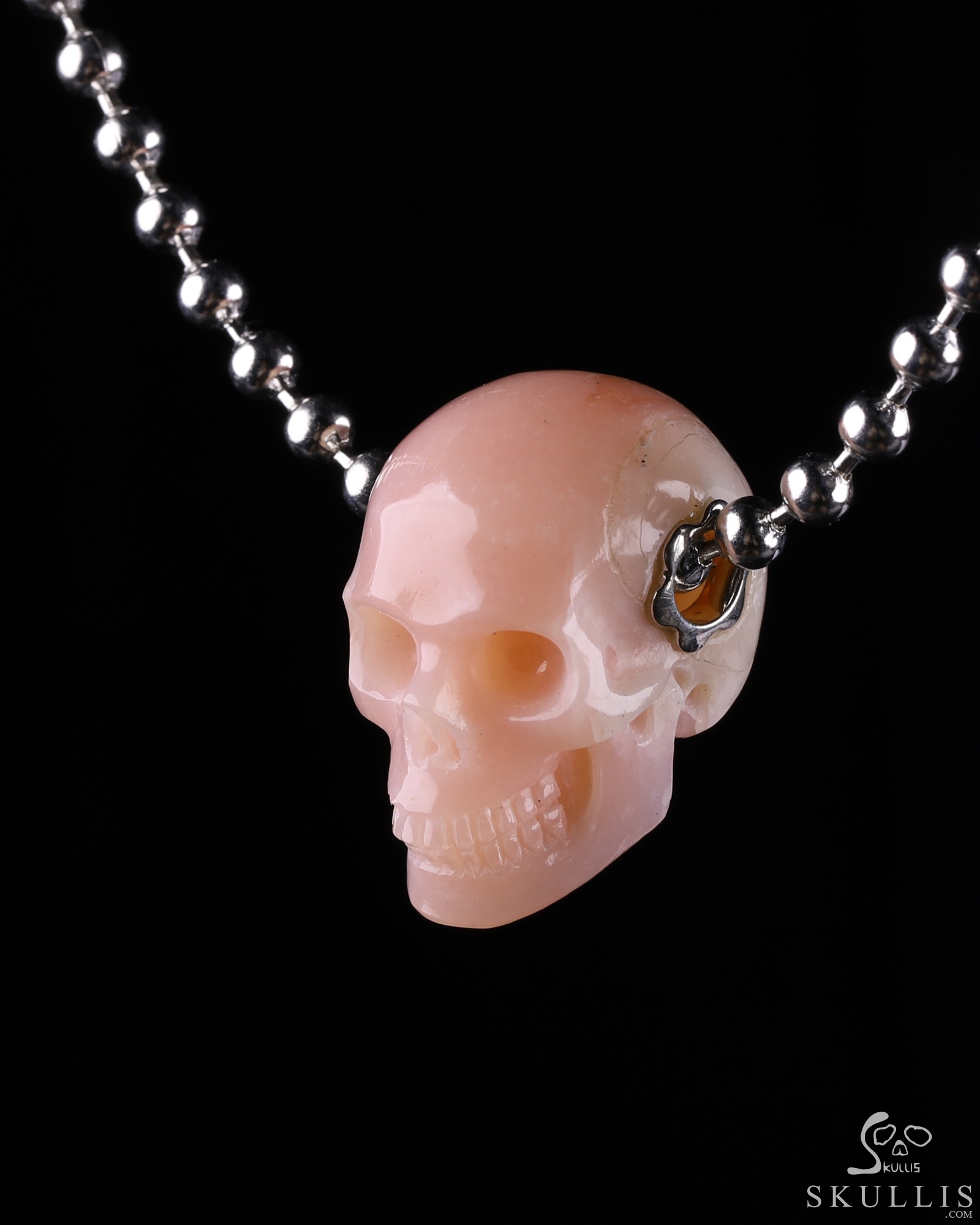 Necklace of Pink Opal Hand Carved Crystal Skull Pendant, Skull Jewelry