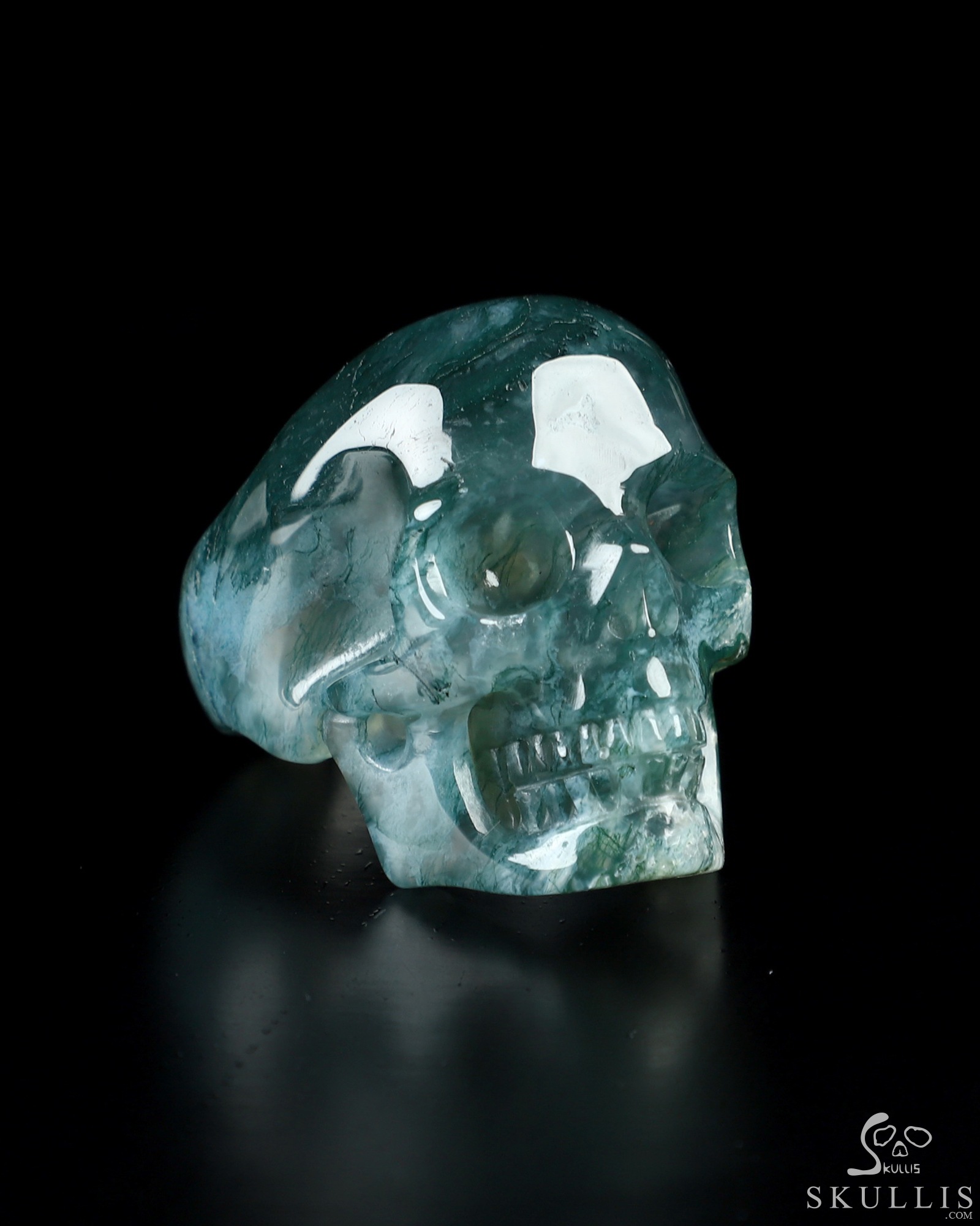 US Size 11# Green Moss Agate Hand Carved Crystal Skull Ring, Skull
