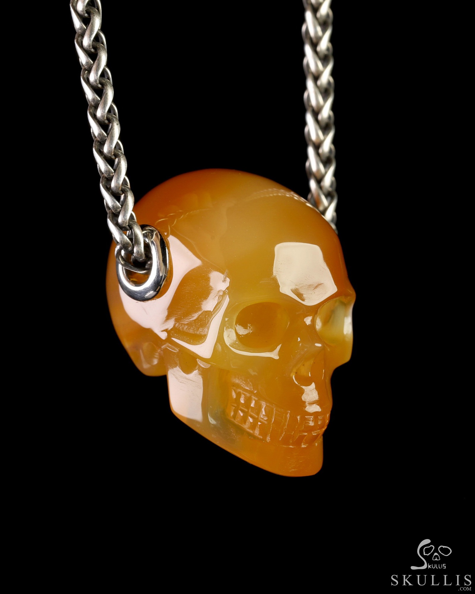 Necklace of Carnelian Hand Carved Crystal Skull Pendant