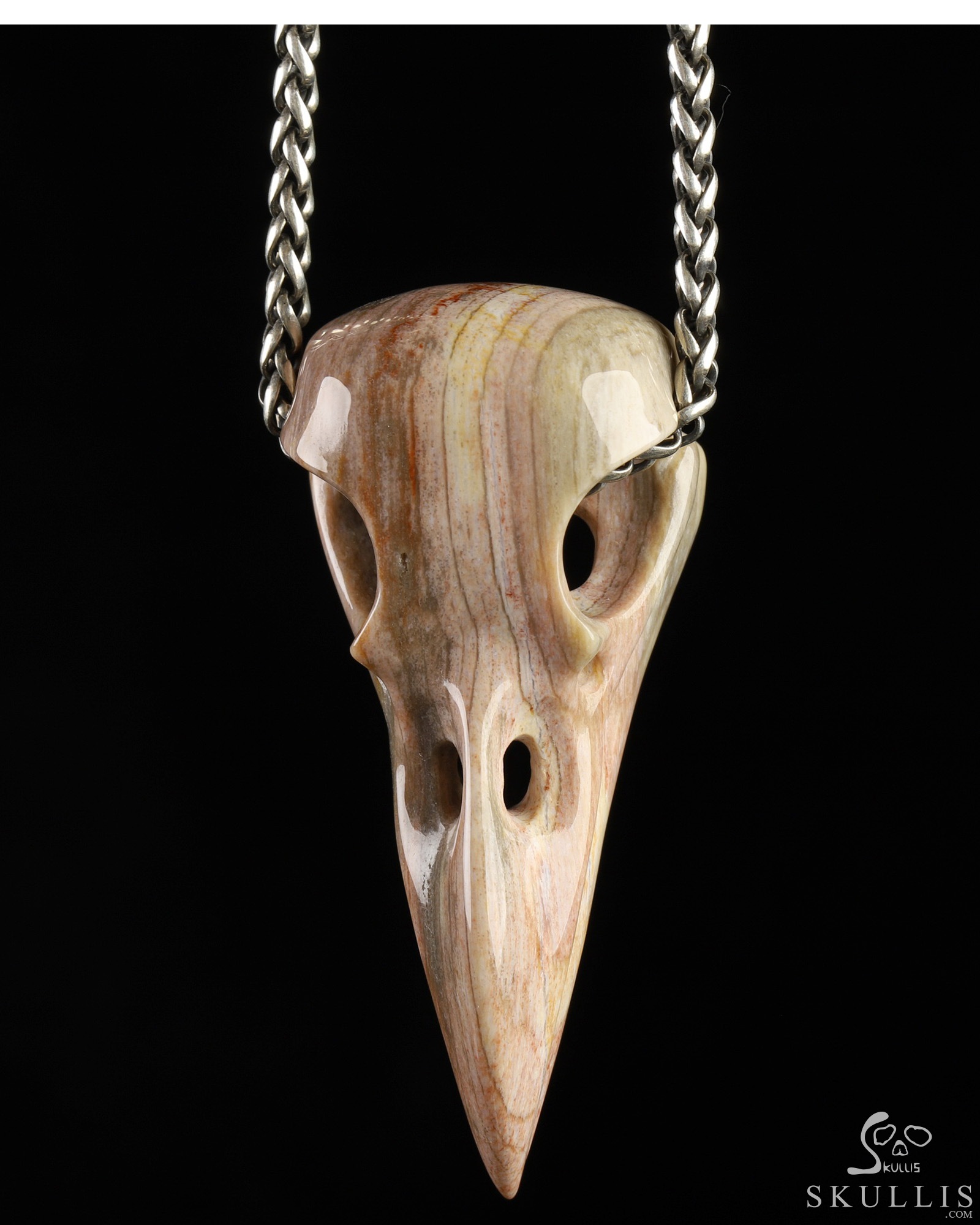 Necklace of Petrified Wood Hand Carved Raven Crystal Skull Pendant,  Crystal Healing