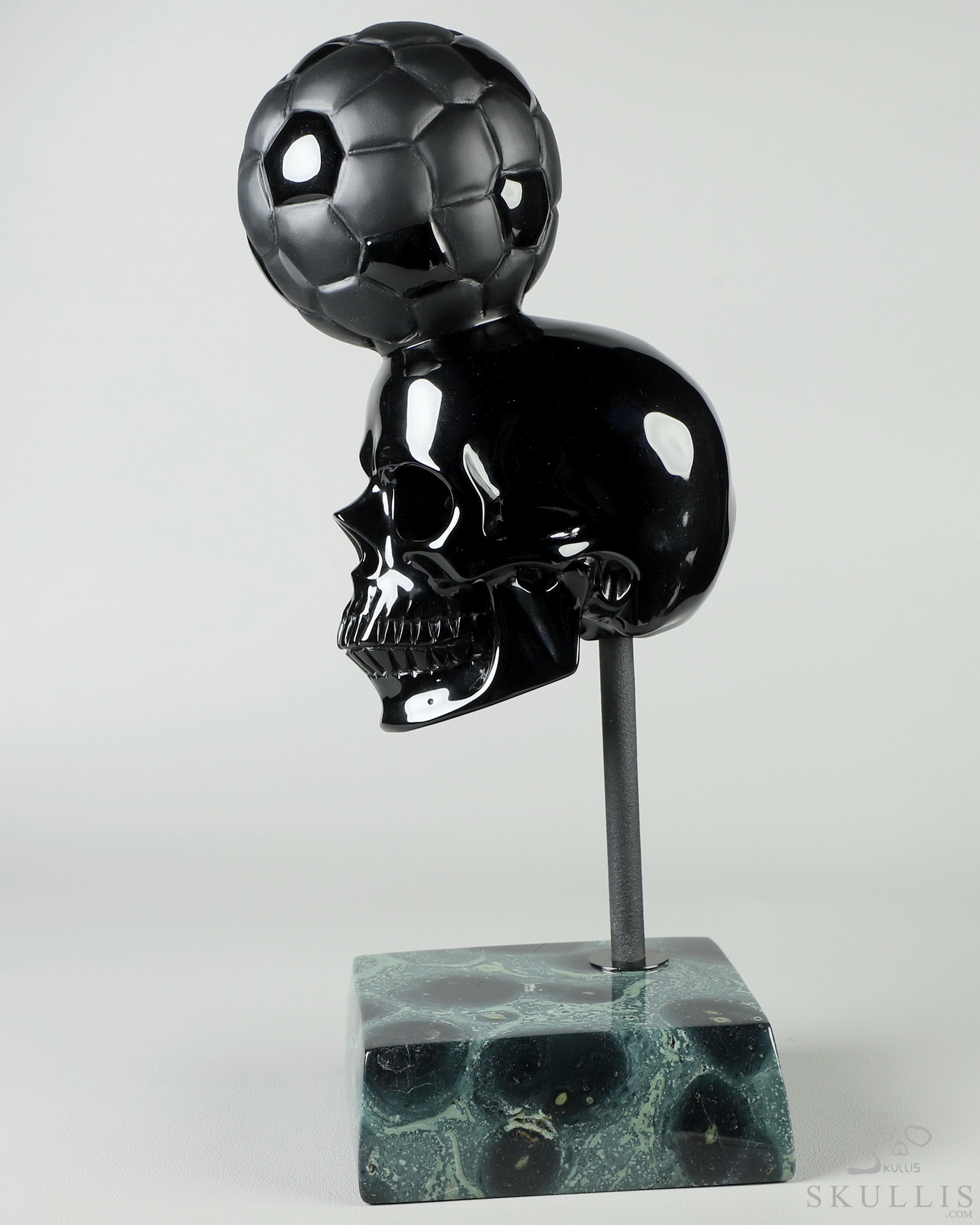 Black Obsidian Carved Crystal Skull with Football and Kambaba