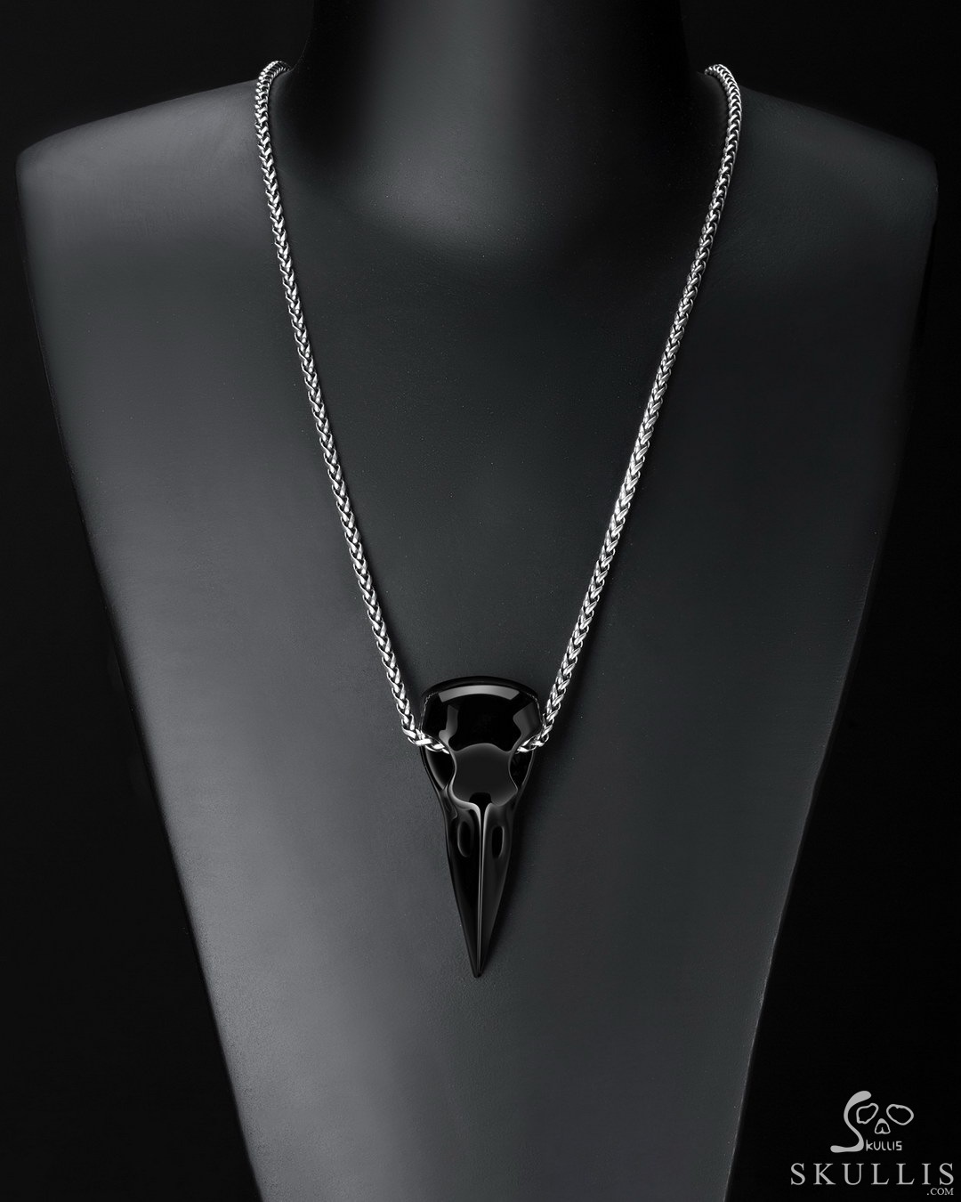 Black Obsidian Carved Crystal Raven Skull Pendant - Skullis