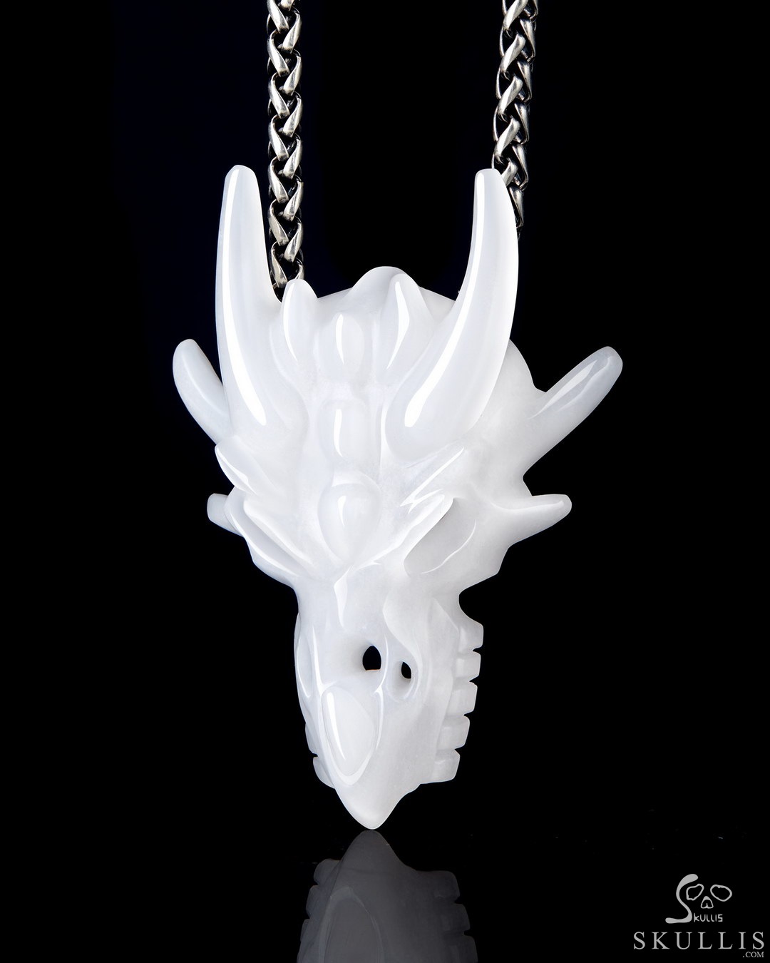 White Jade Carved Crystal Dragon Skull Pendant - Skullis Gemstone