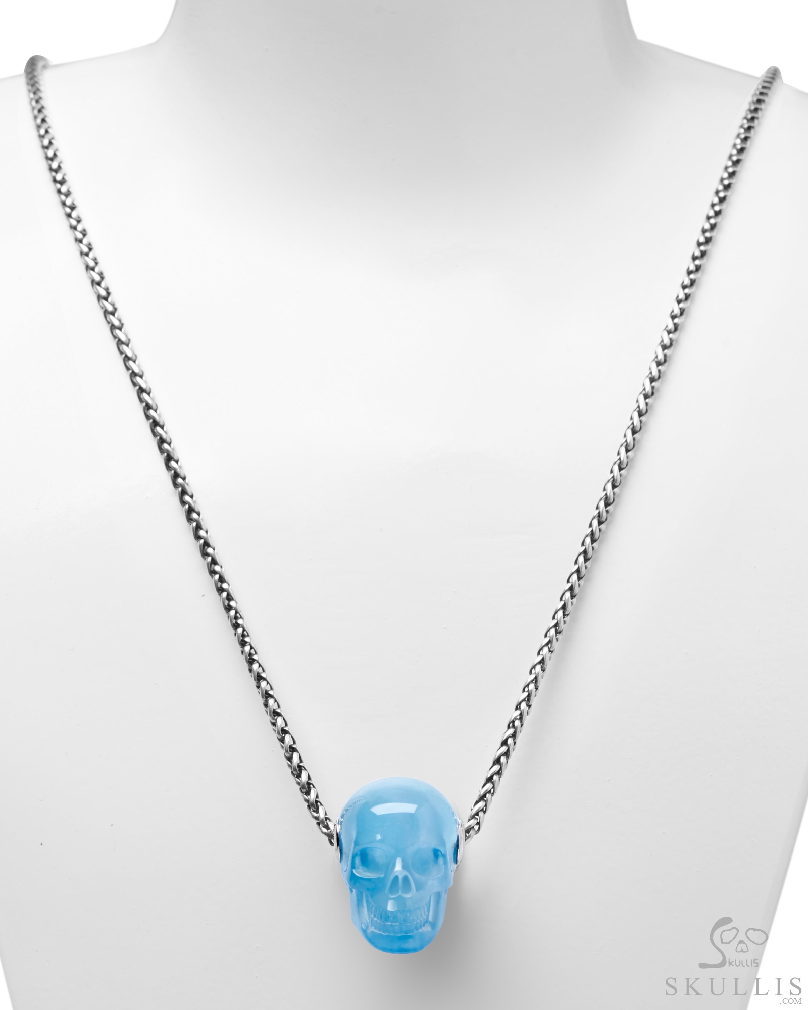 Gemstone Necklace of Aquamarine Hand Carved Crystal Skull Pendant,  Skull Jewelry - Main Image