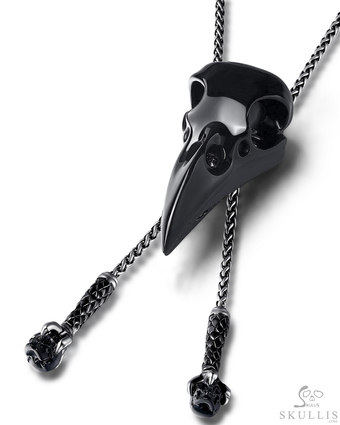Necklace of Black Obsidian Hand Carved Crystal Raven Skull Pendant