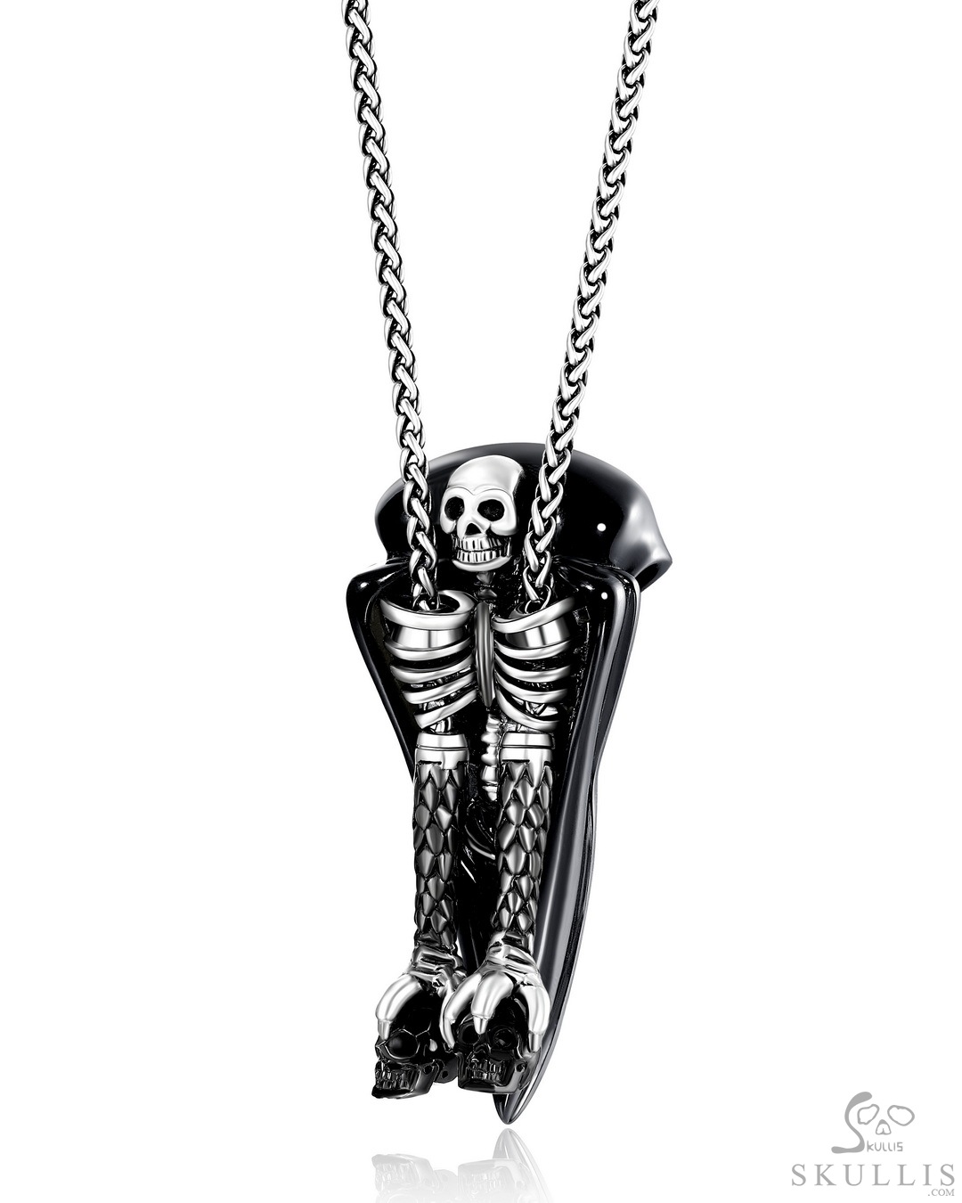 Necklace of Black Obsidian Hand Carved Crystal Raven Skull Pendant
