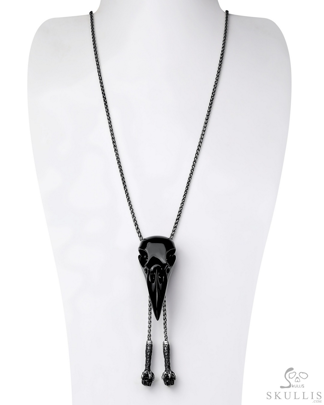 Necklace of Black Obsidian Hand Carved Crystal Raven Skull Pendant