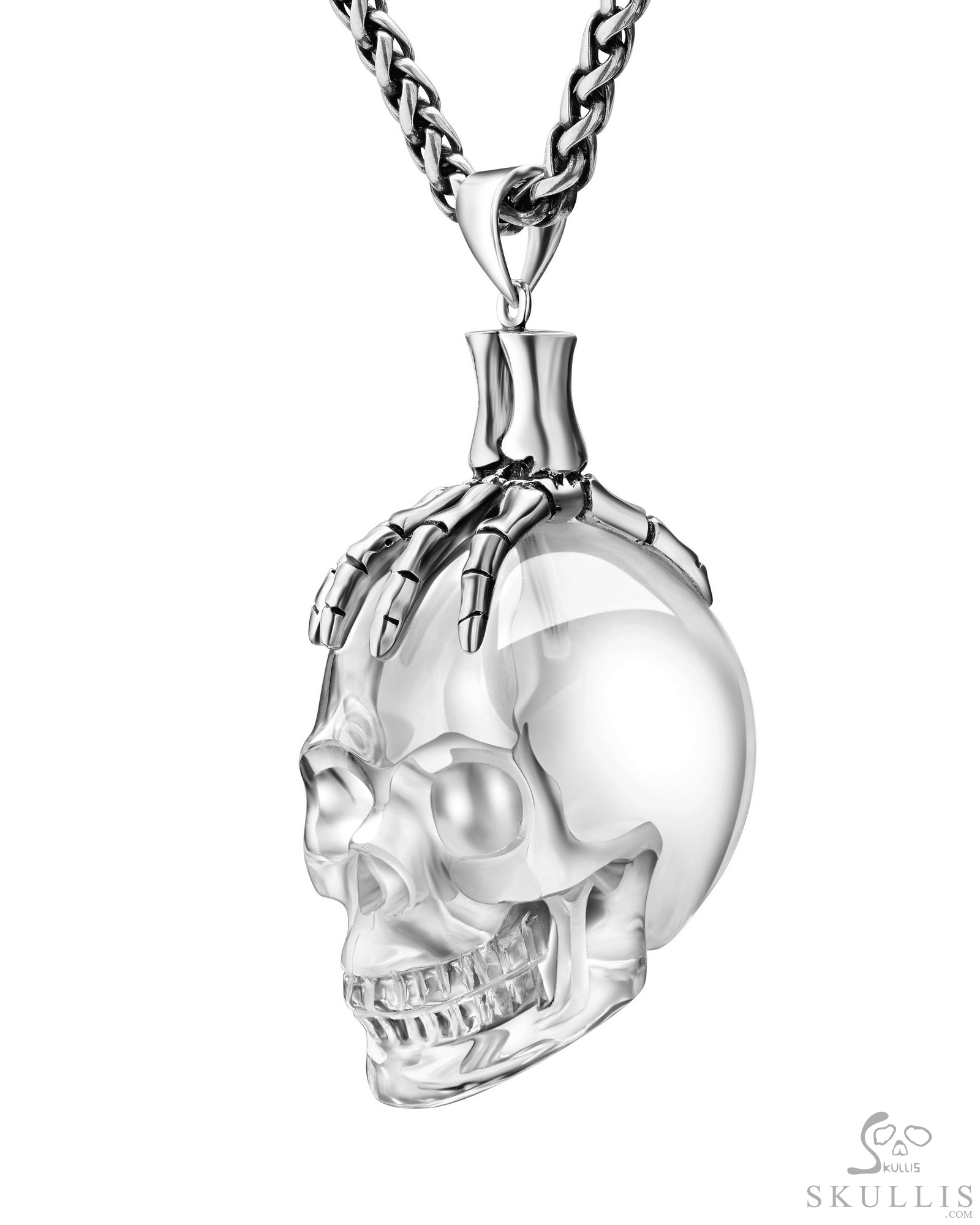 Necklace of Quartz Rock Crystal Hand Carved Crystal Skull Pendant,  Skull Jewelry
