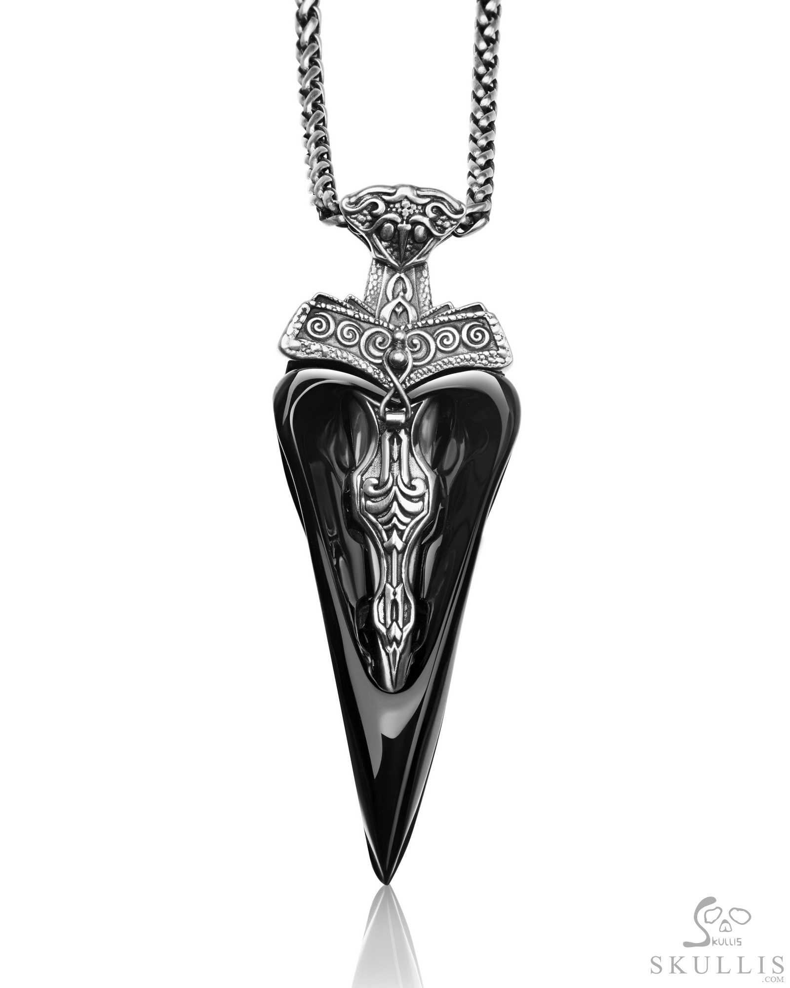 Necklace of Black Obsidian Hand Carved Crystal Skull Raven Pendant  with Sword, Skull Jewelry