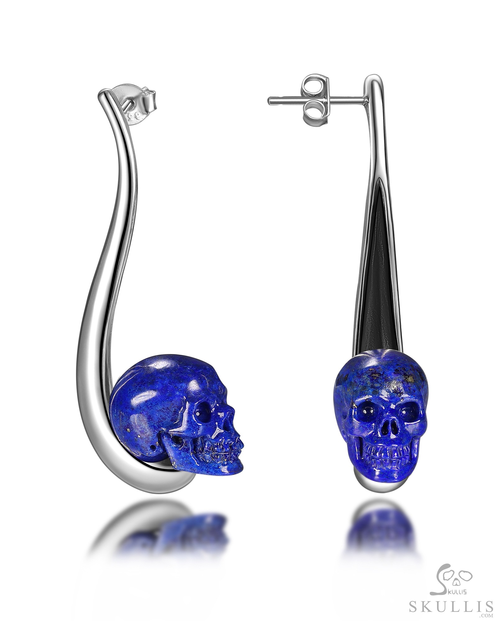 Gemstone Lapis Lazuli Hand Carved Crystal Skull Earrings Skull