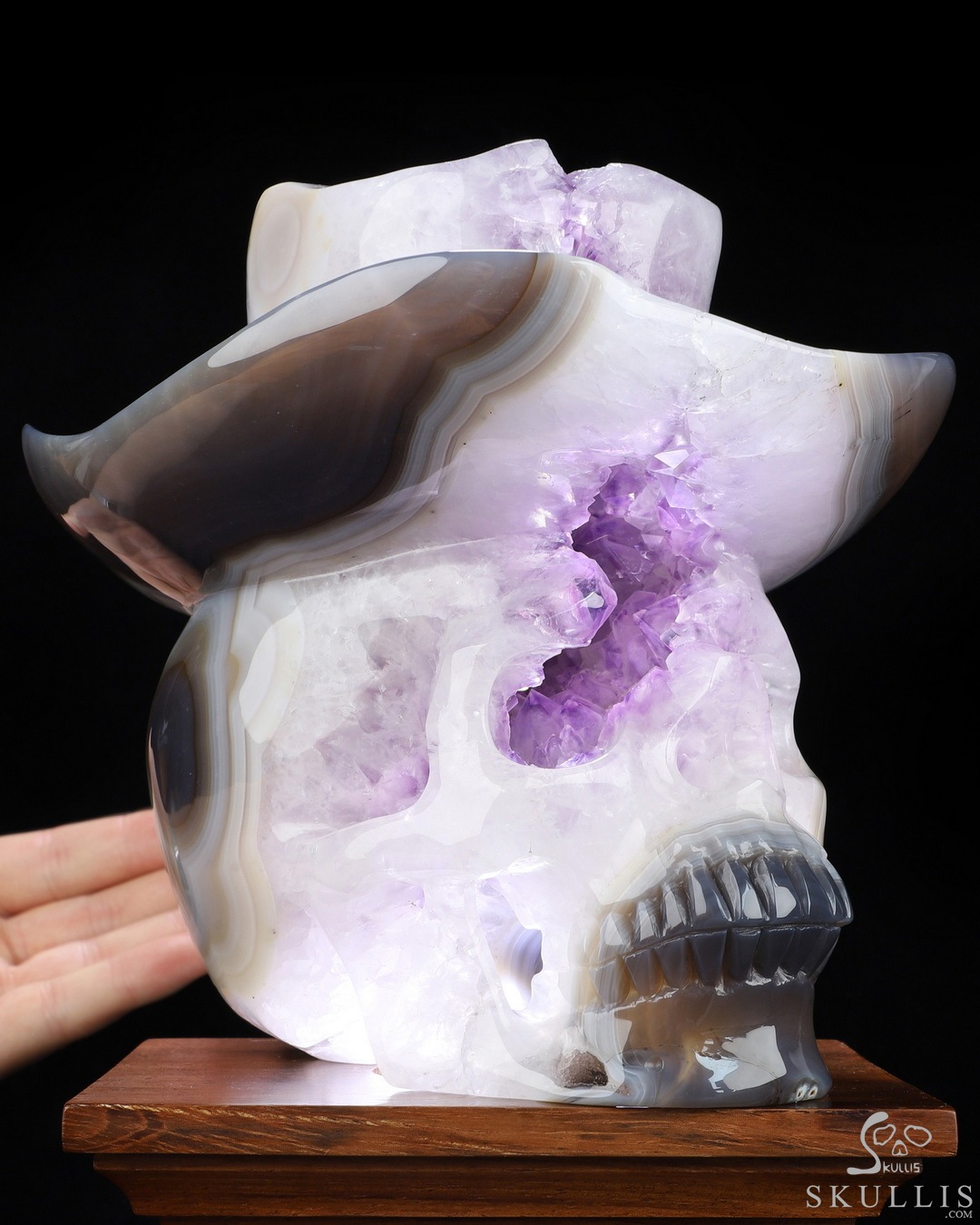 Cowboy-Skull-7-6-Agate-Amethyst-Geode-Hand-Carved-Crystal-Skull