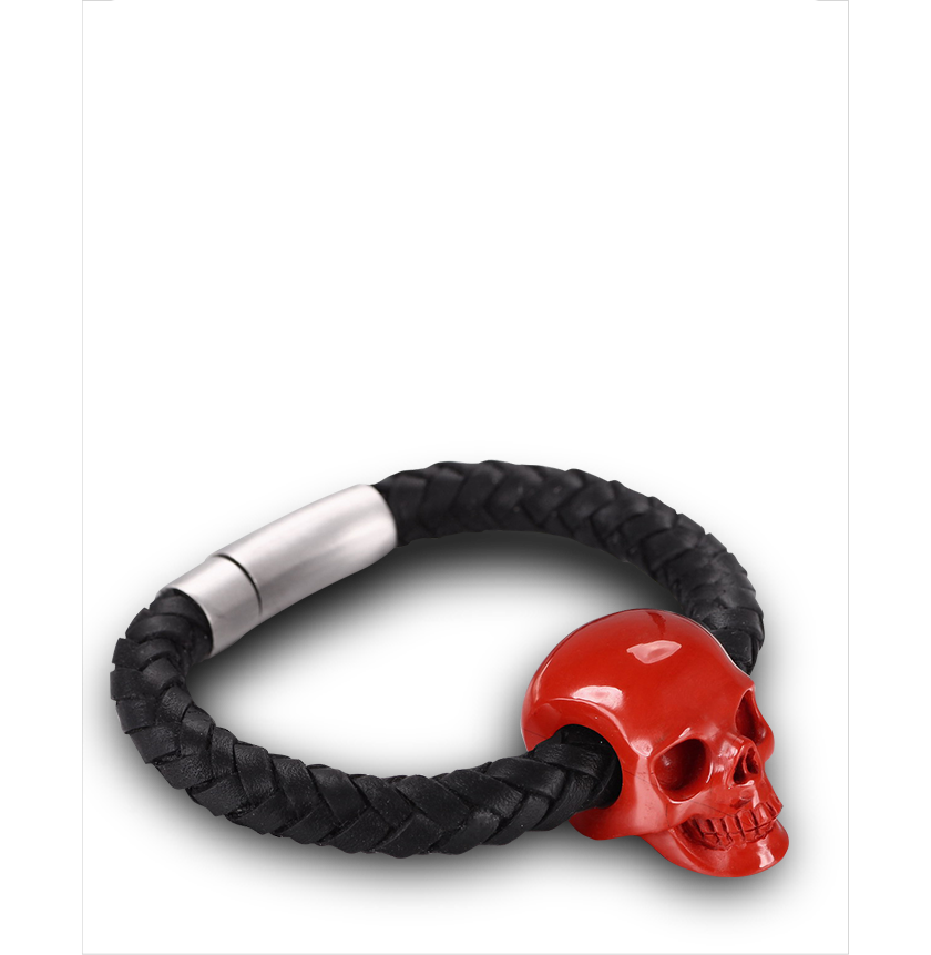 Side View Red Jasper Carved Crystal Skull Gemstone on Genuine Leather Bracelet