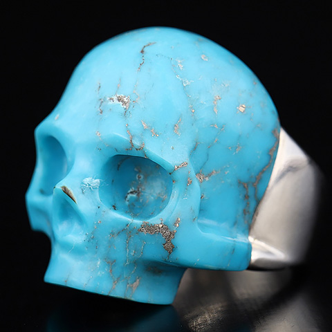 Ring Inside Diameter7(17 mm) Turquoise Carved Crystal Skull Ring, 925 Sterling Silver, Crystal Healing