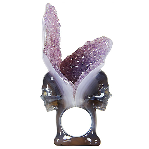 Two of a Mind - Size 10 1/2, Agate Amethyst Druse Carved Crystal Skulls Ring Sculpture with Black Obsidian Stand