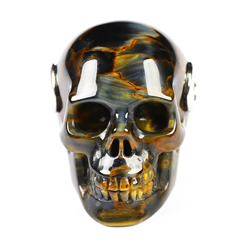 Flash Necklace of 1.2" Blue & Gold Tiger's Eye Hand Carved Crystal Skull Pendant, Skull Jewelry