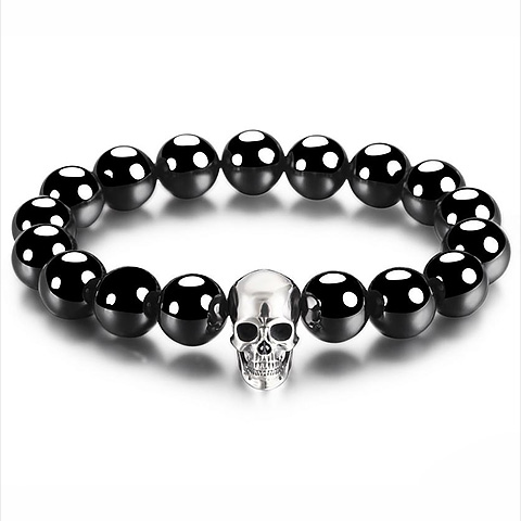 Nice 0.7" 925 Sterling Silver Carved Skull & Black obsidian Bracelet, Crystal Healing