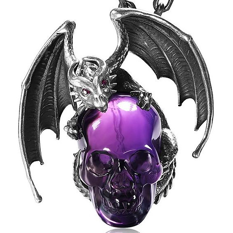 Necklace of Amethyst & Silver Carved Crystal Skull with Ruby Eyes Dragon Pendant and 925 Chain,Skull Jewelry