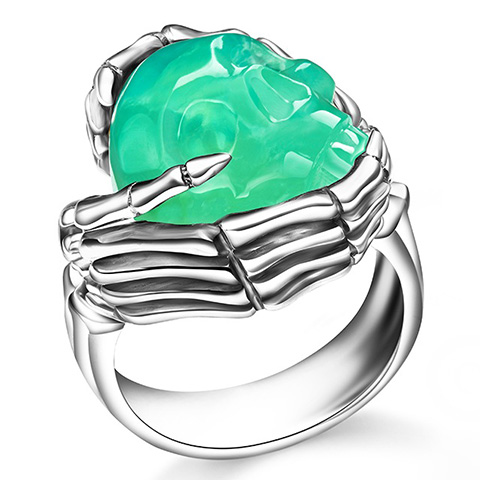 Top Quality Chrysoprase & 925 Sterling Silver Carved Skull with 925 Sterling Silver Bones Ring