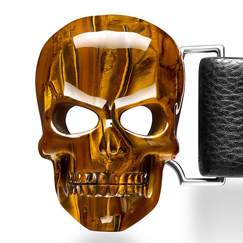 Tiger Iron Eye Carved Crystal Skull Buckle with with Genuine Leather