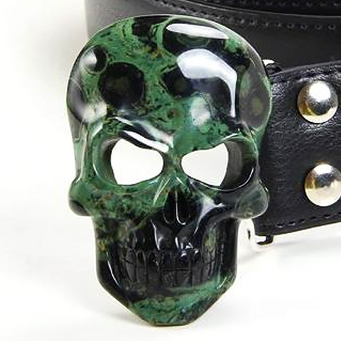 Kambaba Jasper Hand Carved Crystal Skull Buckle with Genuine Leather
