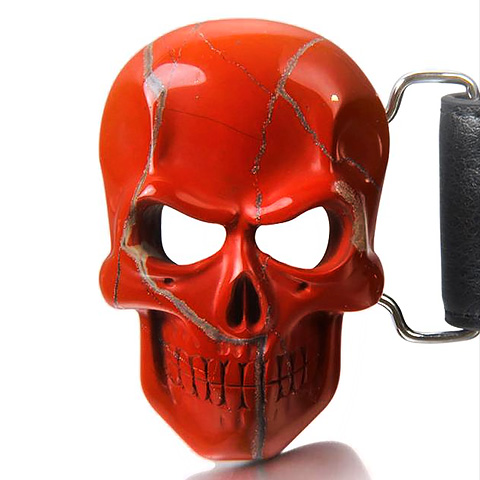 Red Jasper Carved Crystal Skull Buckle with Genuine Leather