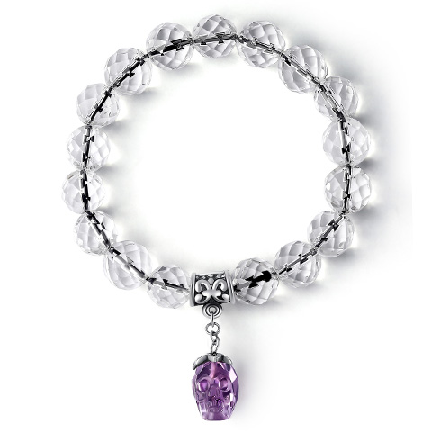 Faceted Natural Quartz Rock Crystal Beads Stretch Bracelet with Stunning Hand-Carved Amethyst Skull