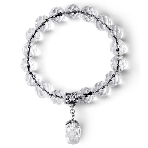Faceted Quartz Rock Crystal Hand Carved Crystal Skull Bracelet, Skull Jewelry