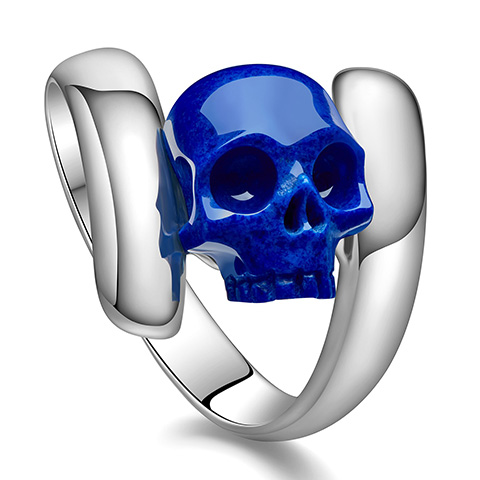 Lapis Lazuli & 925 Sterling Silver Carved Crystal Skull Ring with 925 Sterling Silver