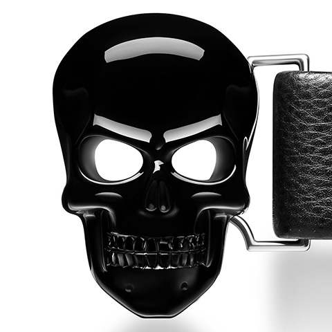 Black Obsidian Carved Crystal Skull Buckle with Genuine Leather