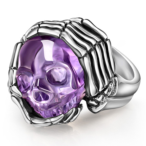 Remember Forever - Ring of Amethyst & 925 Sterling Silver Carved Gemstone Crystal Skull in Sterling Silver Skeletal Hands