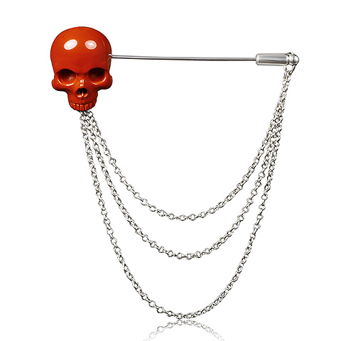 Red Jasper & 925 Sterling Silver Carved Crystal Skull Brooch and 925 Sterling Silver Chain