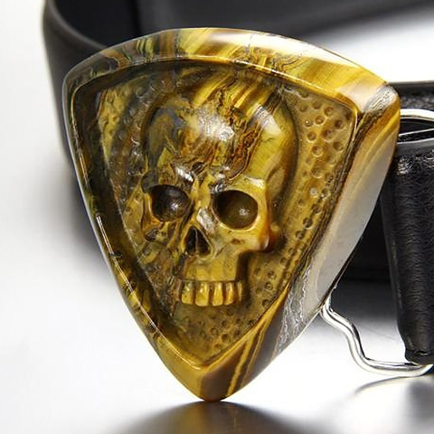 Tiger Iron Eye & 925 Sterling Silver Carved Crystal Skull Buckle Belt 925 Sterling Silver rhodium plated