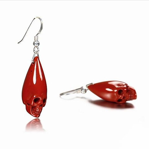Red Jasper & 925 Sterling Silver Carved Elongated Skull Earrings with 925 Sterling Silver Hooks