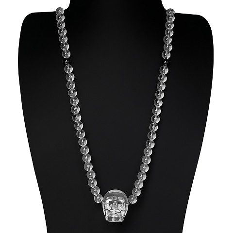Quartz Rock Crystal Carved Crystal Skull Pendant with Quartz Rock Crystal & Black Obsidian necklace