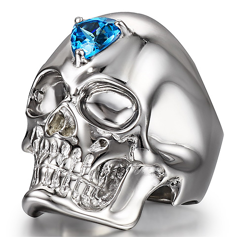 Third Eye - Sky Blue Topaz in Rhodium Plated 925 Sterling Silver Skull Ring
