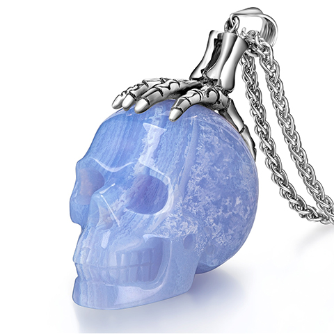 Necklace of Blue Lace Agate & 925 Sterling Silver Bone Carved Crystal Skull Pendant with 925 Sterling Silver Chain