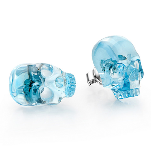  Sky Blue Topaz Hand Carved Crystal Skull Earring, Skull Jewelry
