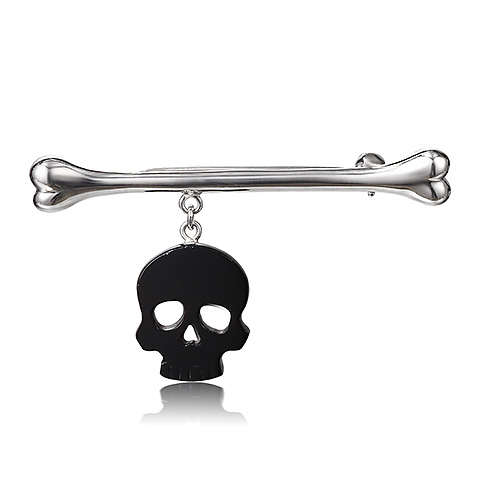 Black Onyx & 925 Sterling Silver Carved Crystal Skull Brooch with 925 Sterling Silver