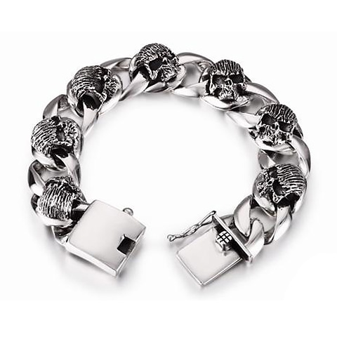 Oxidized 925 Sterling Silver Skulls with Large Loops Chain Bracelet
