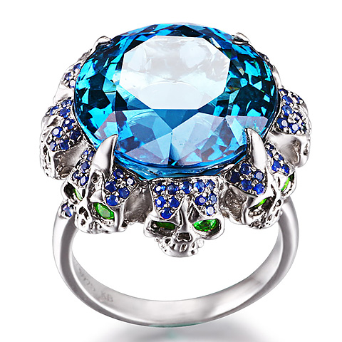 10# London Blue Topaz with Sapphire and Tsavorite in 925 Sterling Silver Skulls Ring - Skullis Exclusive