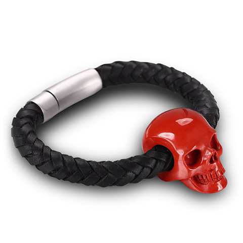 Bracelet of Red Jasper Carved Gemstone Crystal Skull on Genuine Leather
