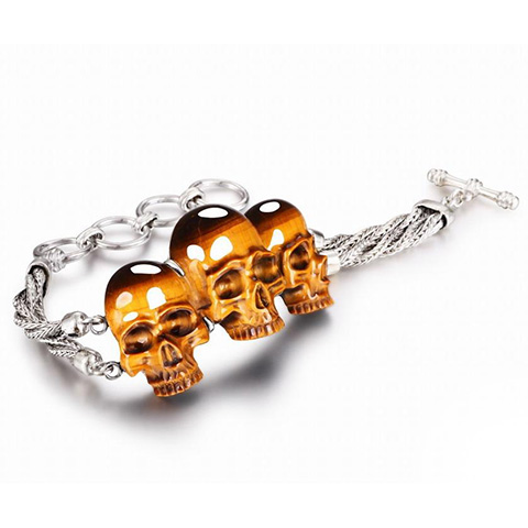 Amazing Flash Gemstone Gold Tiger Eye & 925 Sterling Silver Carved Crystal Skulls Bracelet with 925 Sterling Silver, Adjustable Size