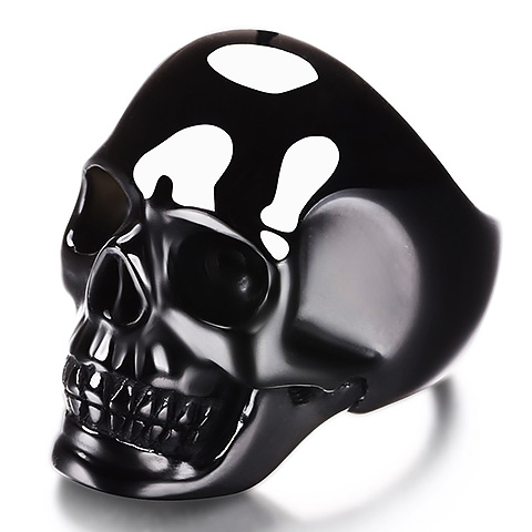 Skullis Signature Solid Black Obsidian & 925 Sterling Silver Carved Crystal Skull Ring with 925 Sterling Silver