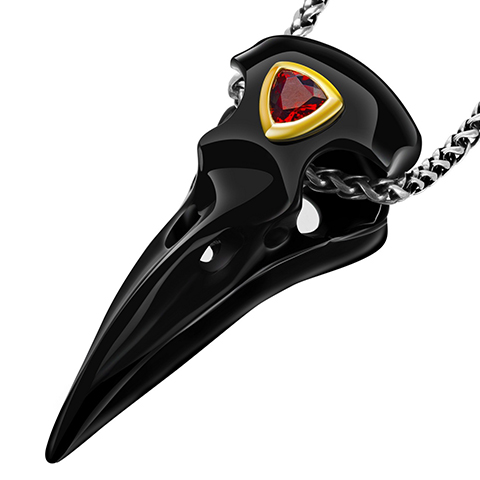 Gemstone 2.2" Black Obsidian Carved Crystal Raven Skull Pendant, Garnet, Gold over 925 Sterling Silver