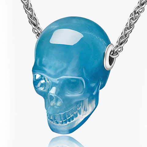 Gemstone Necklace of 1.2" Aquamarine Hand Carved Crystal Skull Pendant, Skull Jewelry