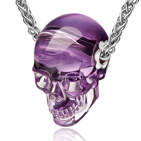 Gemstone Necklace of 1.0" Amethyst Hand Carved Crystal Skull Pendant, Skull Jewelry