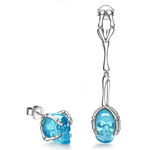 Gemstone  Aquamarine Hand Carved Crystal Skull Earrings, Skull Jewelry
